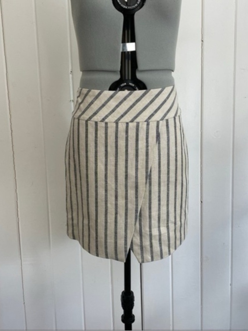 Striped Neutral Wrap-Front Skirt - Cream/Gray